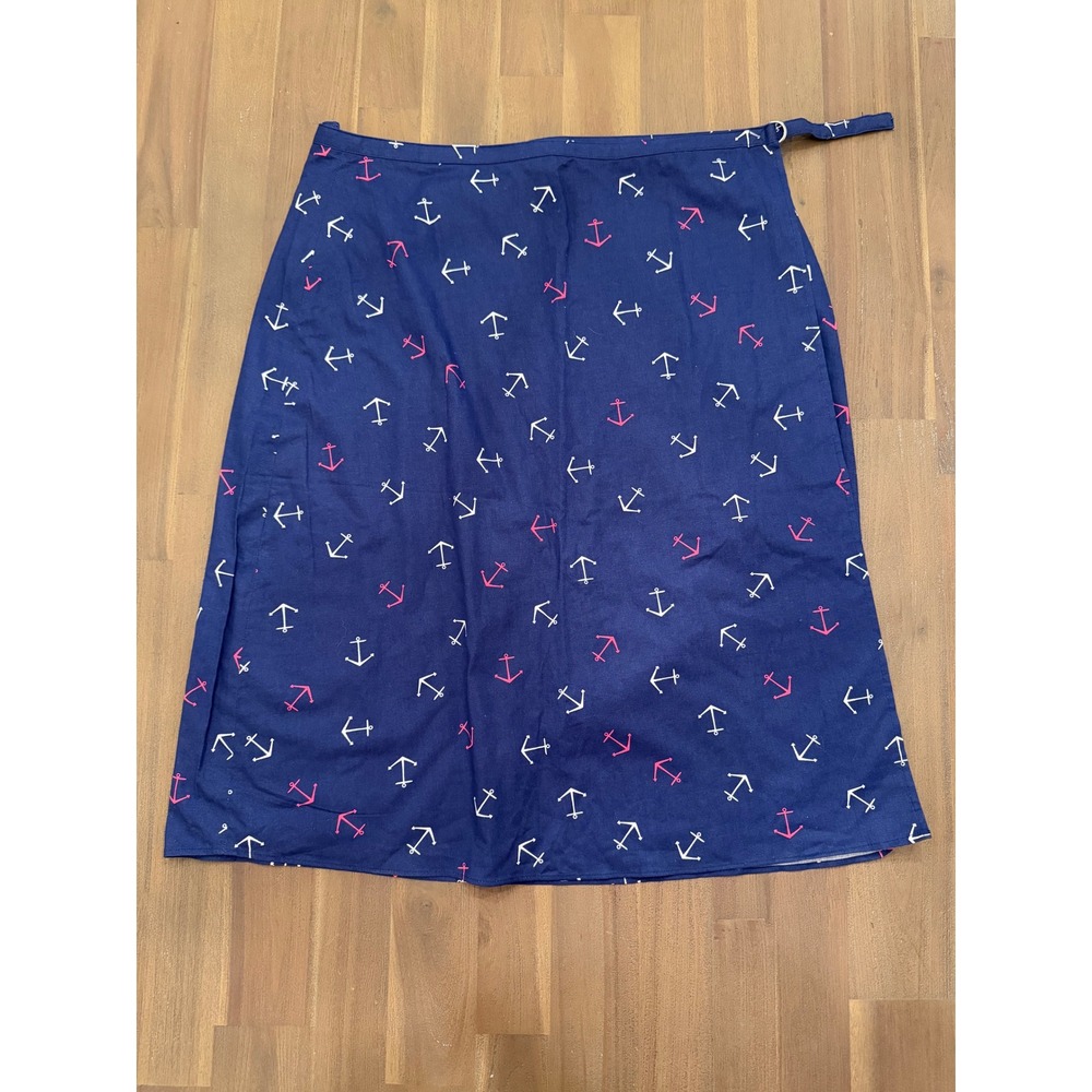 Womens‎ L Navy Anchor Print Wrap Midi Skirt Nautical Casual Beach Vacation